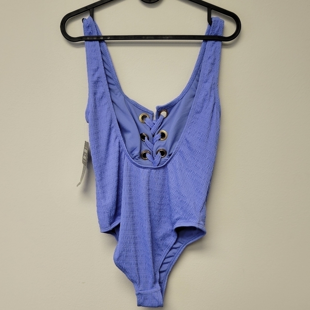California Waves Textured Grommet One Piece Lace up Swimsuit Blue S - Picture 5 of 11